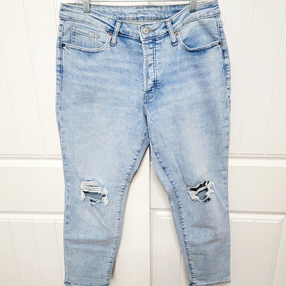 Old Navy Womens Size 12 OG Straight Xtra Stretch Button Fly Distressed Jeans EUC